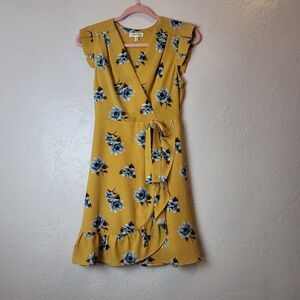 Monteau Womens Sz S Surplice Faux Wrap Front Floral Dress Yellow Flutter Sleeve